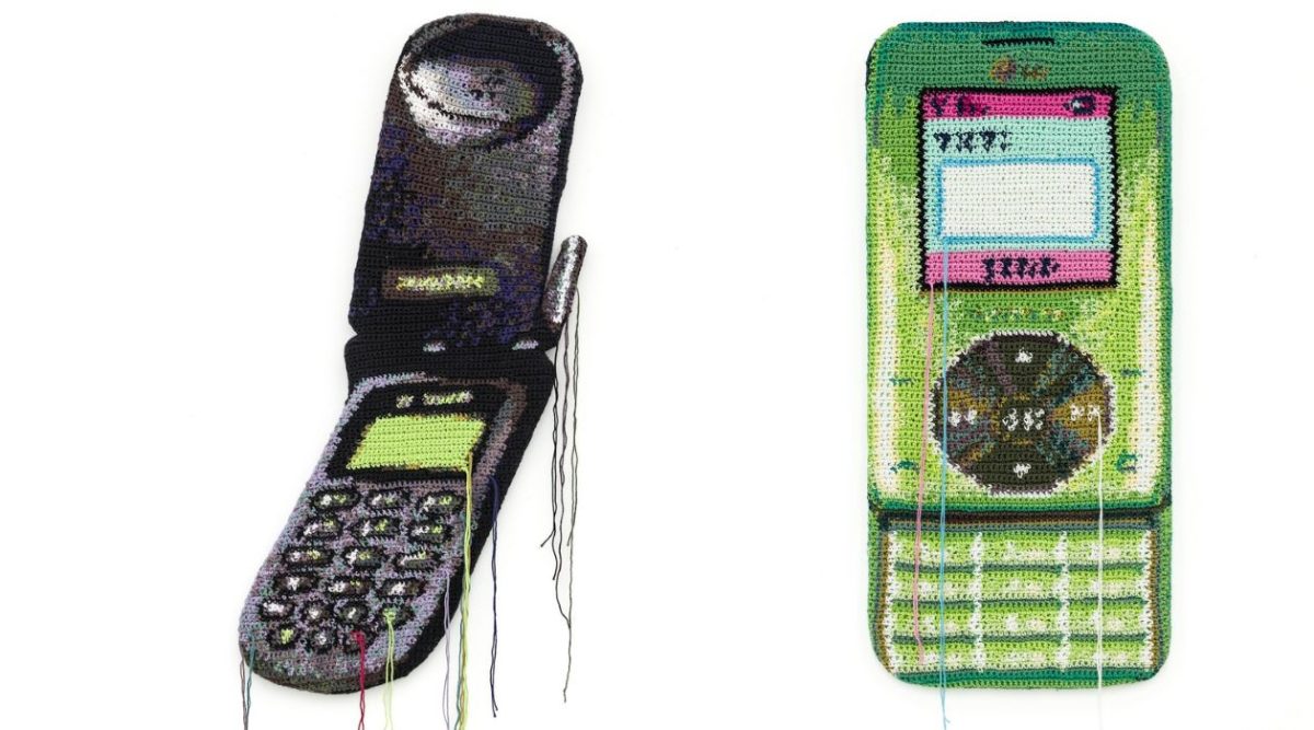Artwork by Nicole Nikolich_That Cool, Older Guy_s Phone_2026_acrylic crochet mounted on wood_Photo by Paradigm Gallery + Studioartsxhibit.coma